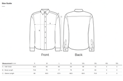 Size guide for a sustainable shirt with front and back views and measurement chart.