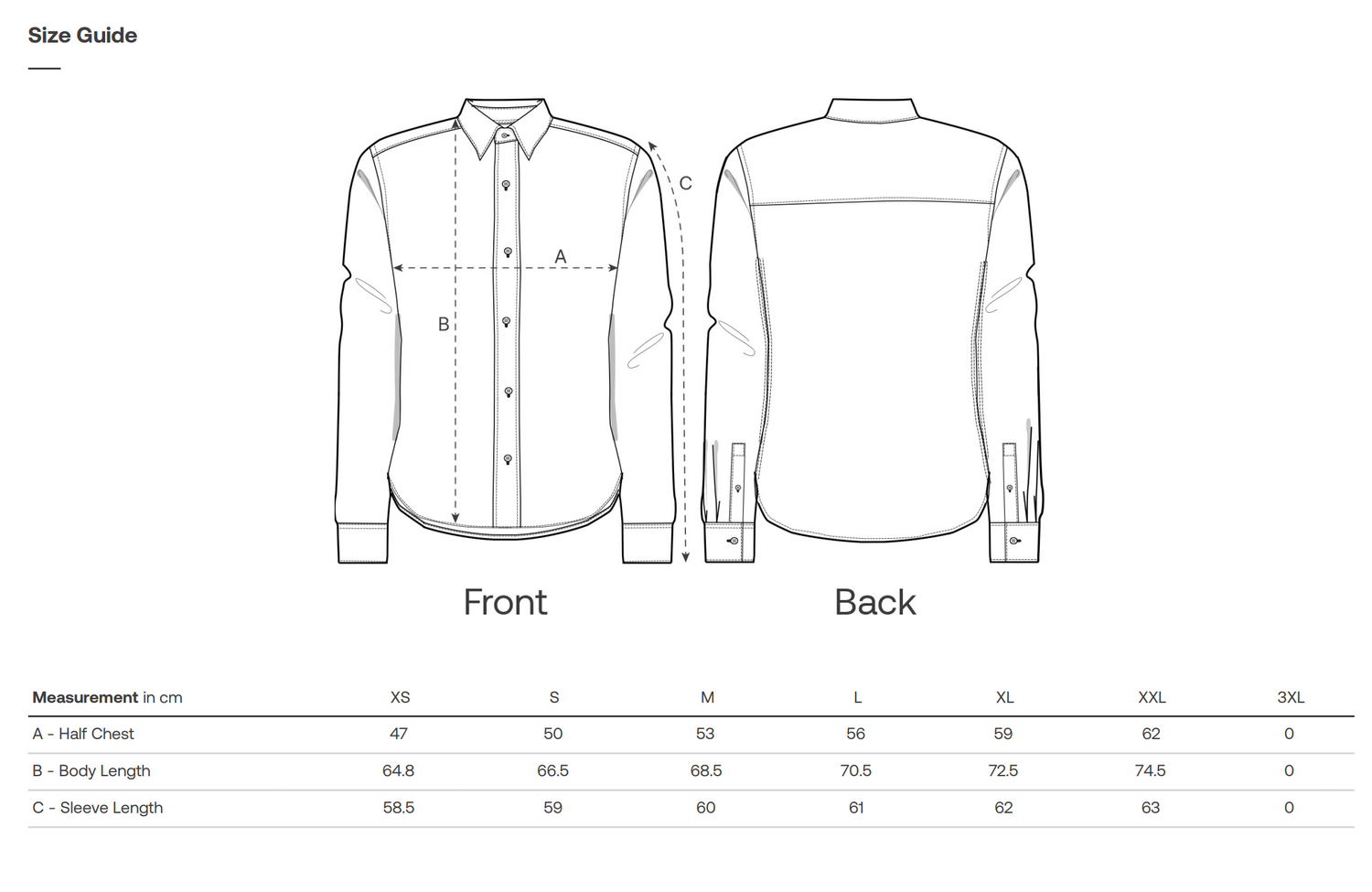Size guide for a sustainable shirt with front and back views and measurement chart.