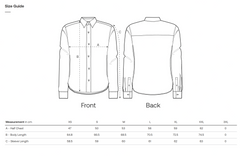 Size guide for a sustainable shirt with front and back views and measurement chart.