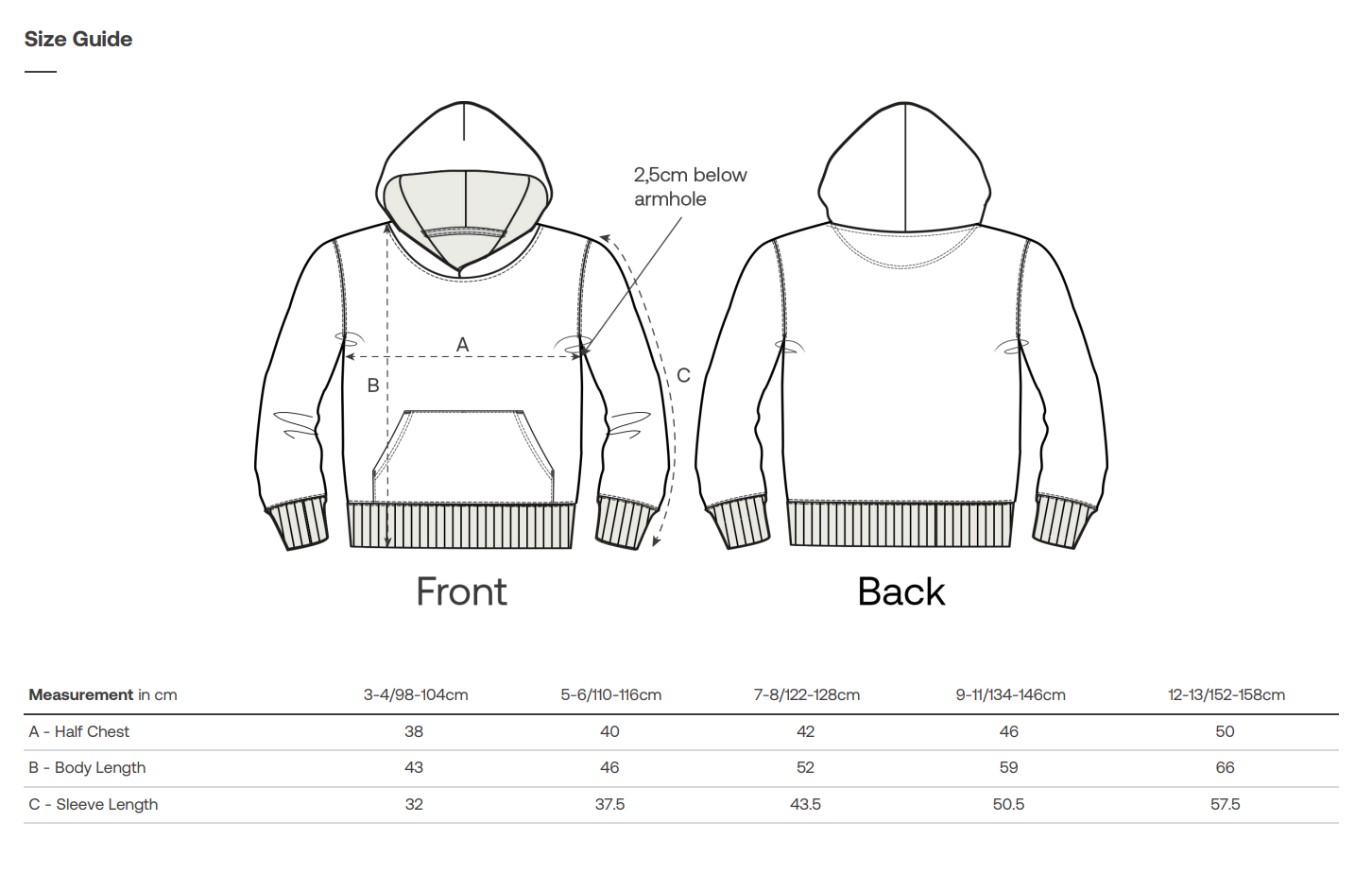 Vegan Kids Hoodie size guide for a hoodie showing front and back views with measurements.