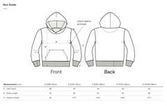 Vegan Kids Hoodie size guide for a hoodie showing front and back views with measurements.