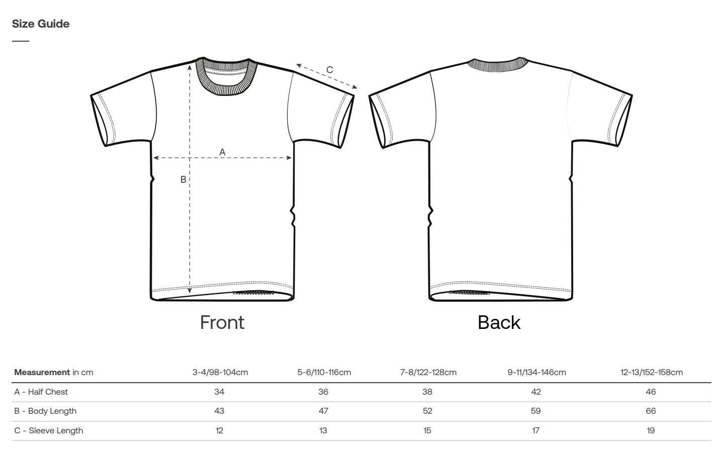 Vegan T-shirt size guide with front and back views and measurements.