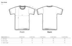 Vegan T-shirt size guide with front and back views and measurements.