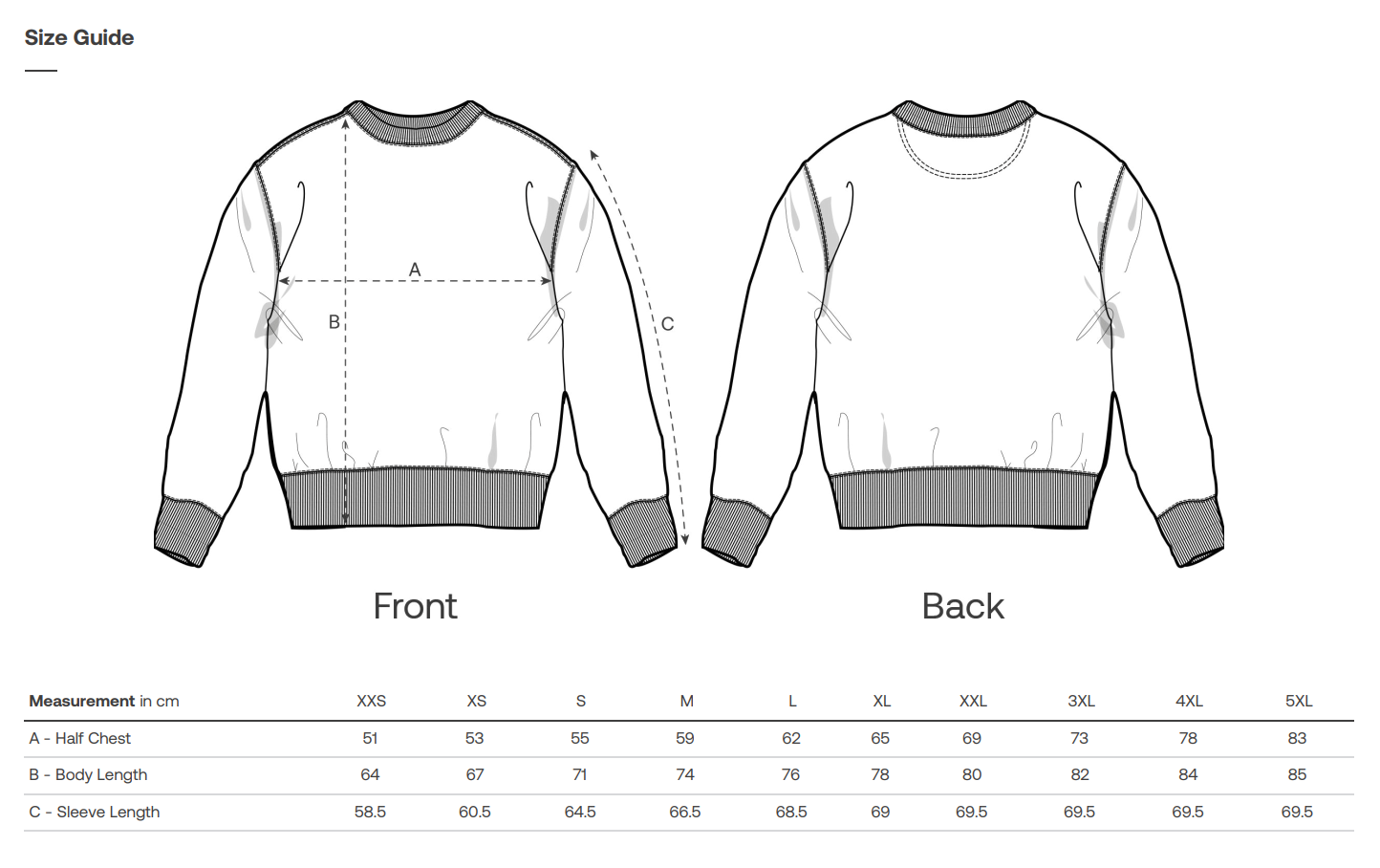 Vegan sweatshirt size guide with front and back views and measurement chart.