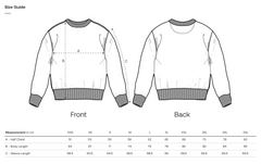 Vegan sweatshirt size guide with front and back views and measurement chart.