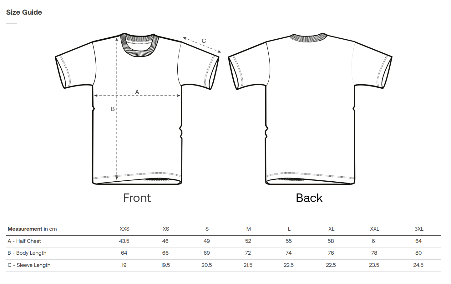Vegan T-shirt size guide with front and back views and measurement chart.