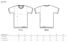 Vegan T-shirt size guide with front and back views and measurement chart.