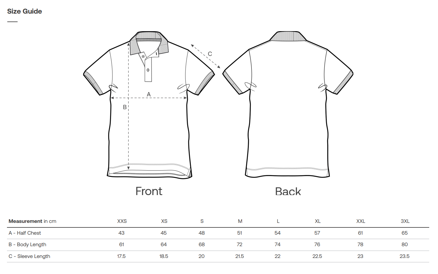 Sustainable Vintage Polo shirt size guide with front and back views and measurement chart.