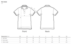 Sustainable Vintage Polo shirt size guide with front and back views and measurement chart.