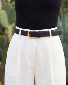 GARRIGA Black women's vegan belt in Desserto® cactus material – worn by a model