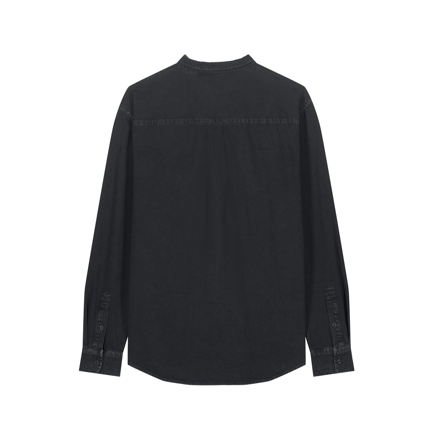 Back view of the garment-dyed black rock unisex worker shirt – sustainable and ethically made fashion by New World Guardians.