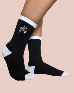 Black organic cotton socks with Dalmatian embroidery, vegan and made in Portugal