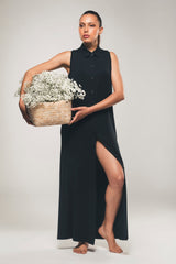 Schwarzes ärmelloses Maxi-Hemdblusenkleid aus Lyocell – Evelyn