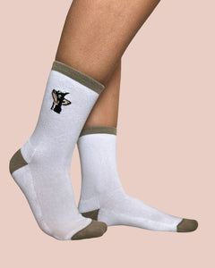 Vegan white socks with stray dog design, breathable organic cotton material